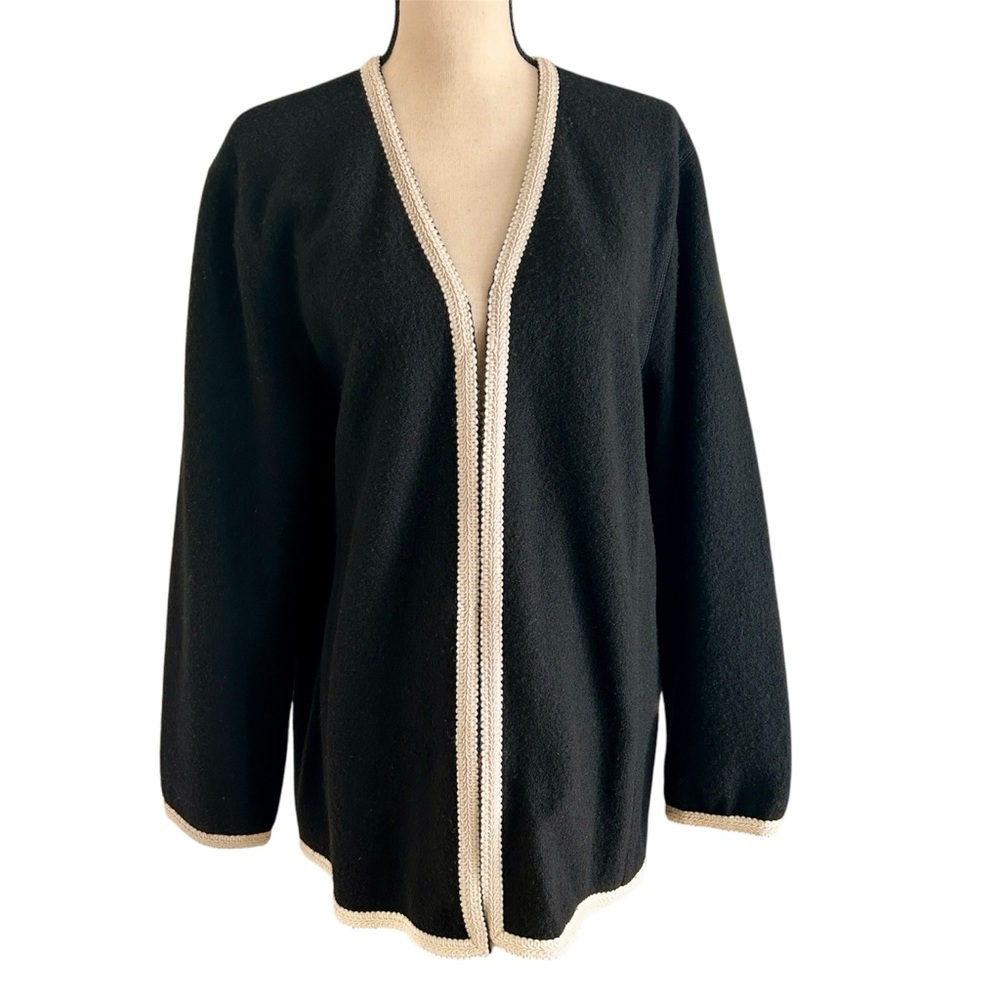 WOOL warm Jones New York Black Cardigan sweater/Jacket with Cream Trim- XL